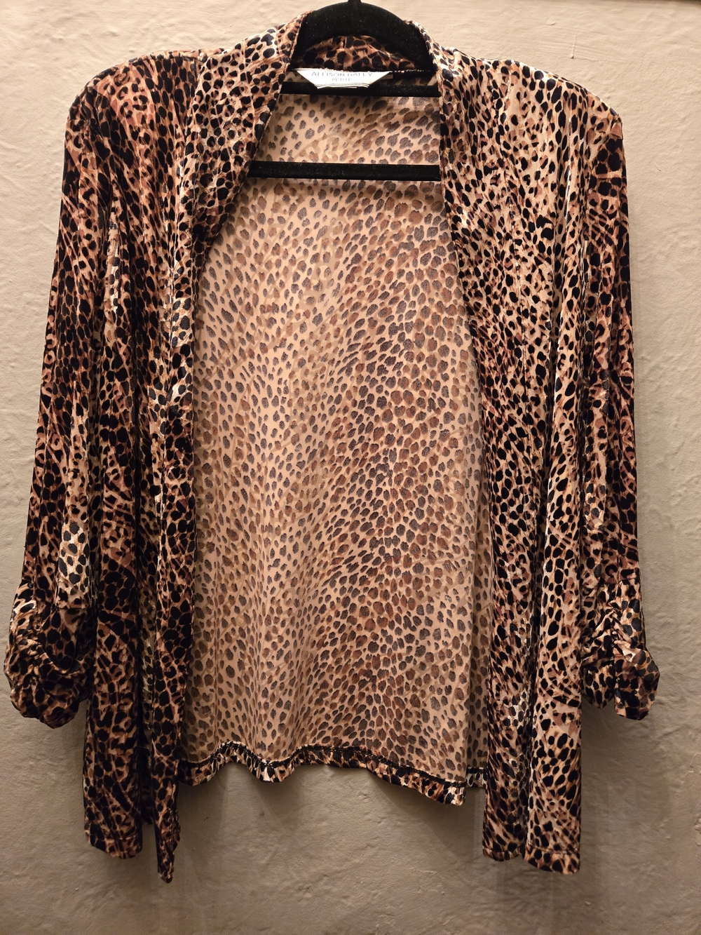 Allison Daley Petite Leopard Print Shoulder Pad Open Front Cardigan